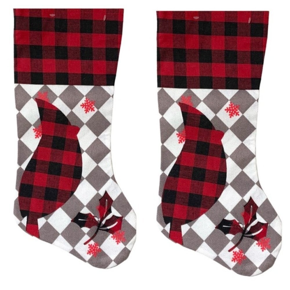 Christmas Stocking Cardinals Buffalo Check Plaid Red Black 17 inch 2 Piece